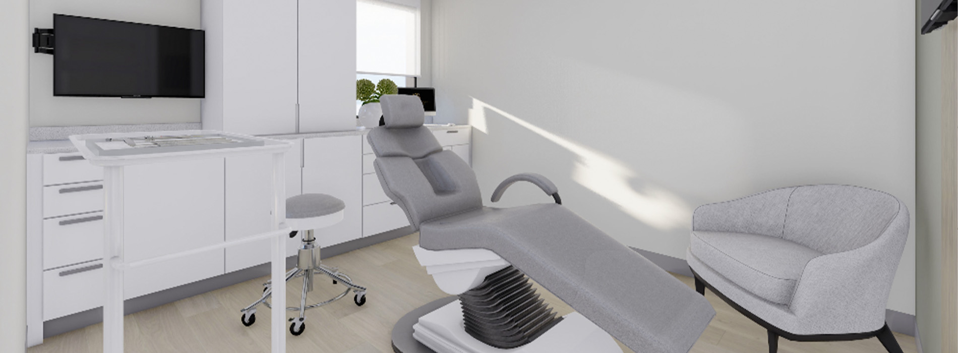 The image shows a modern dental clinic interior with various pieces of equipment, including a dental chair and an X-ray machine.