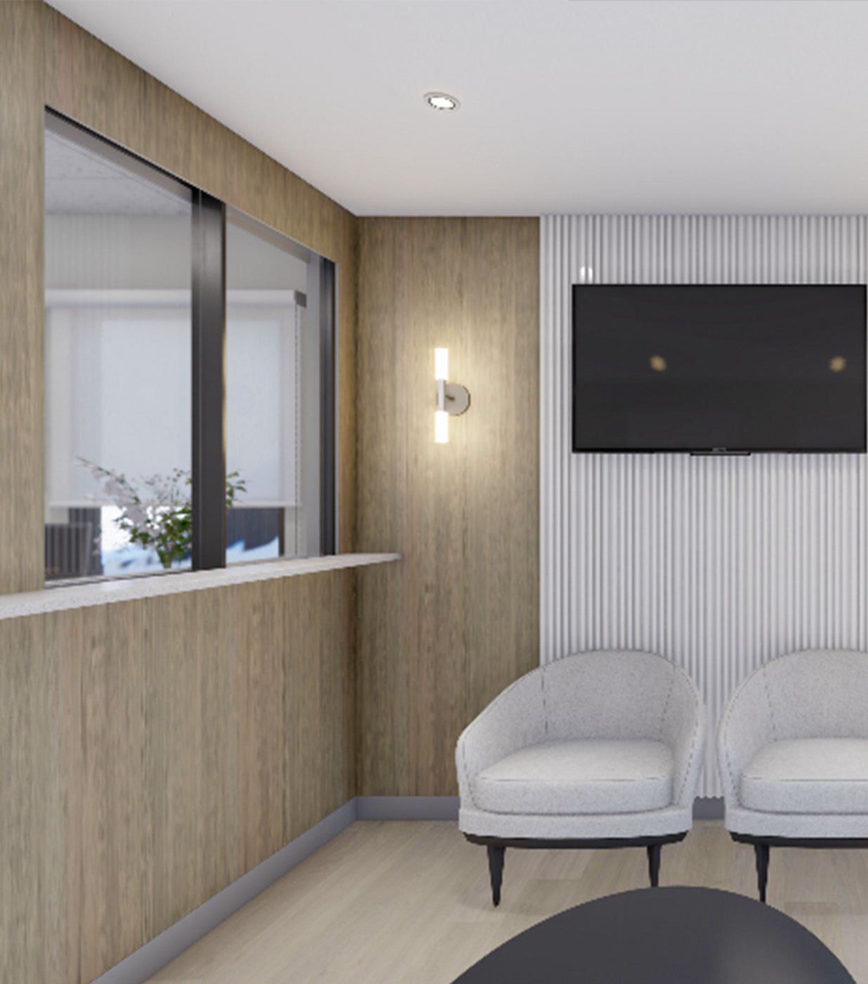 The image shows a modern dental or medical office interior with a dental chair, equipment, and a clean, professional environment.